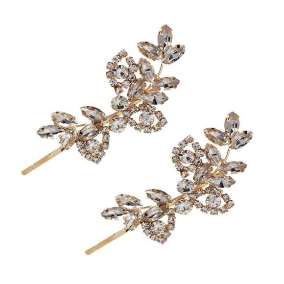 HJYHYN Rhinestone Bridal Hair Clips(2PCS) Leaf Wedding Bride Pearl Crystal main image 4